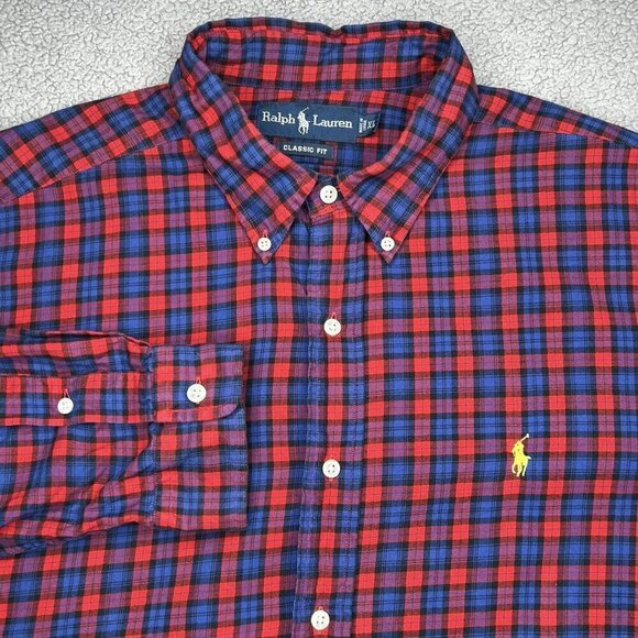 Ralph Lauren Shirt Mens Extra Large Red Blue Plaid Yellow Pony Classic Fit XL - Picture 1 of 12